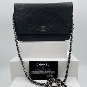 SOLD Auth CHANEL Black Camellia Pattern Leather Wallet on Chain (WOC)
